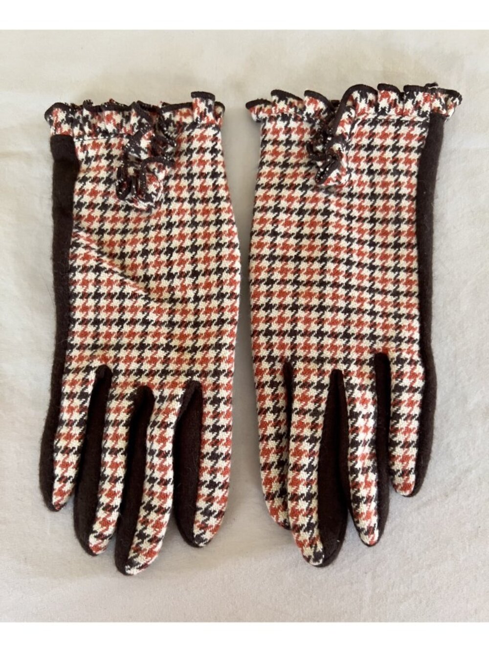 Talbots Houndstooth Wool Cashmere Ruffle Gloves Brown Red Plaid Cozy L/XL